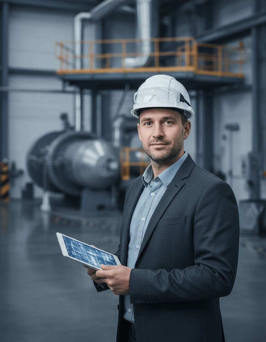 Mann in Business-Kleidung mit Schutzhelm, der ein Tablet hält, vor einer modernen Industrieumgebung mit Maschinen und Rohrleitungen