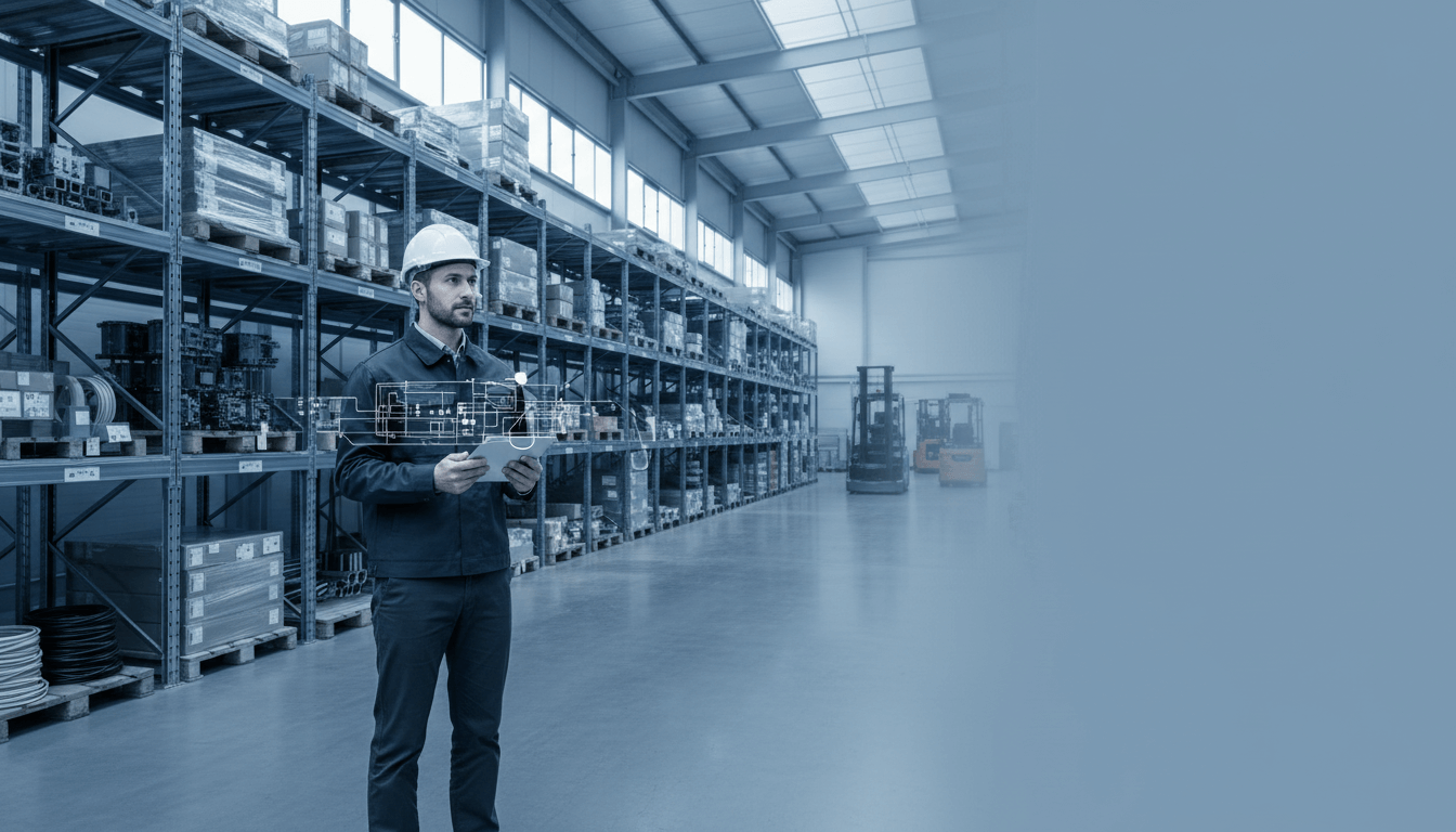Lagerarbeiter mit Tablet in Logistikhalle mit Regalreihen