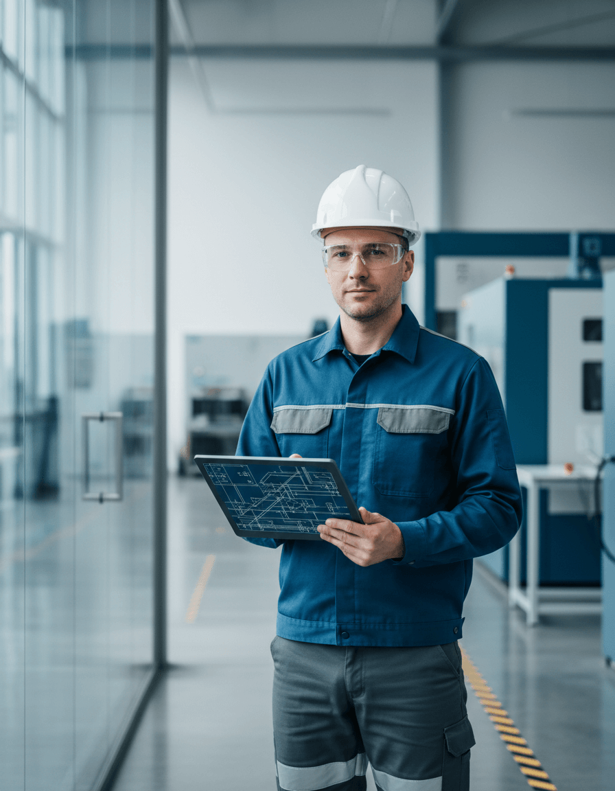 Ingenieur mit Schutzhelm und technischer Zeichnung in moderner Produktionshalle