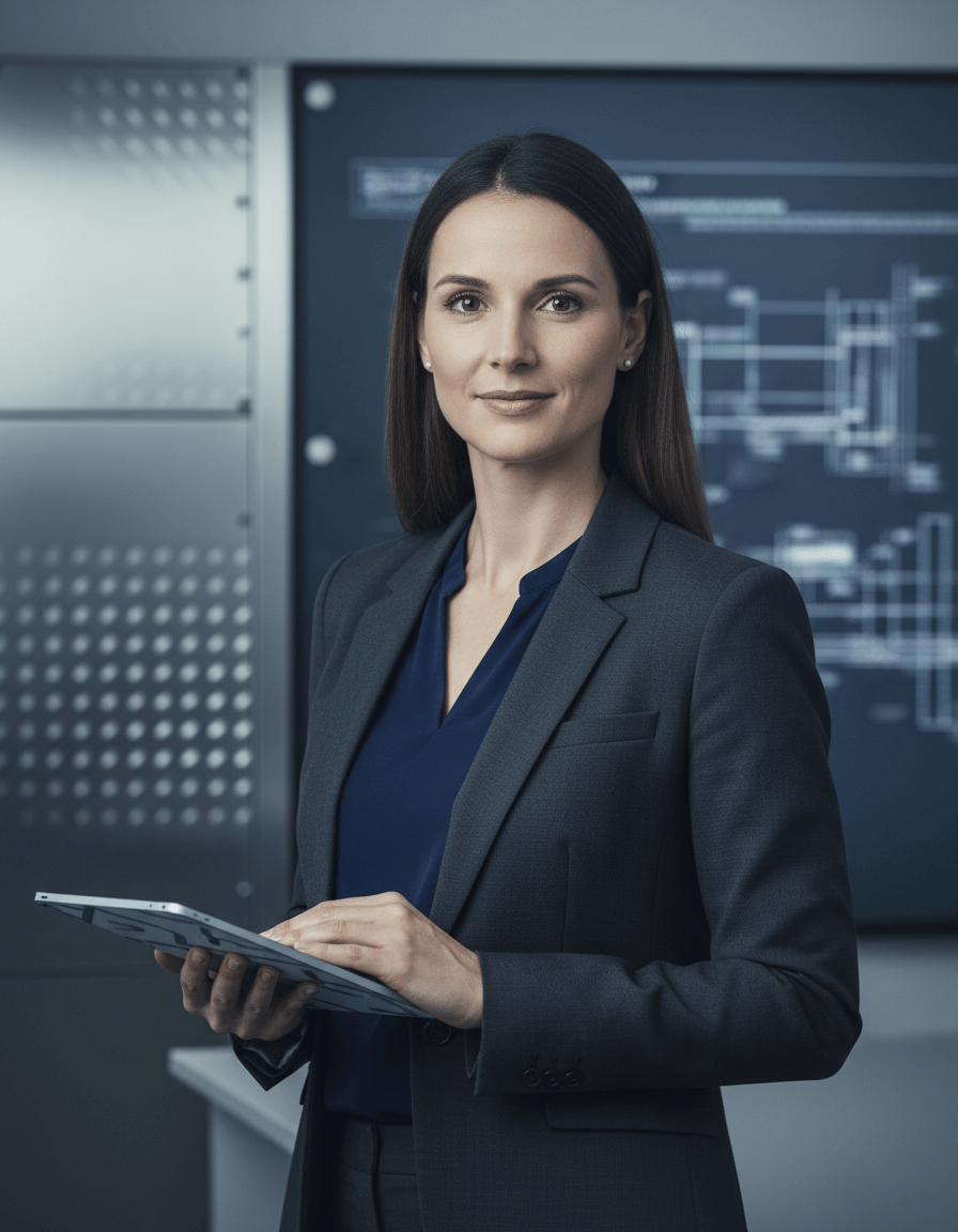 Geschäftsfrau in dunklem Business-Outfit hält ein Tablet vor einem industriellen Kontrollraum mit technischen Displays im Hintergrund.