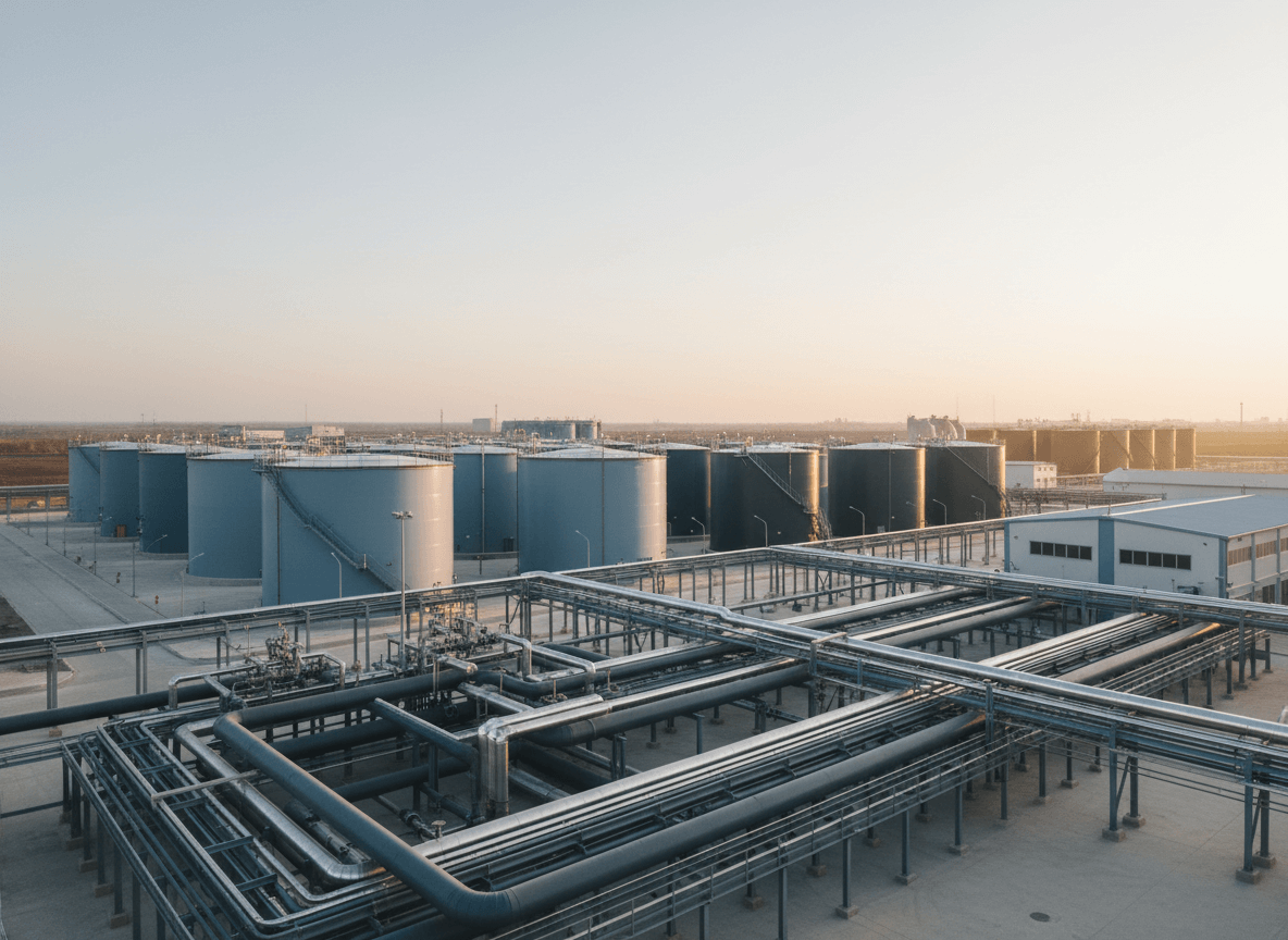 Tankanlage mit Rohrleitungen in petrochemischer Anlage