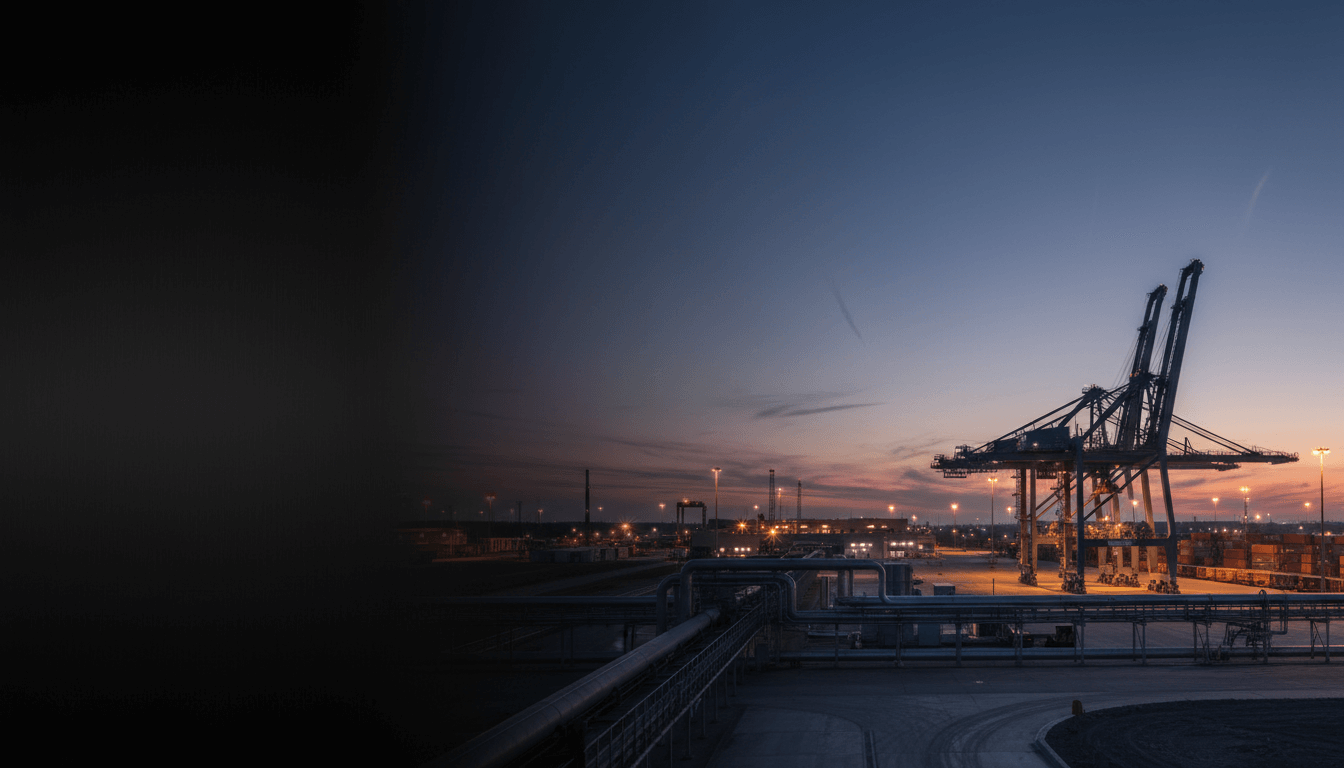 Containerhafen mit Kränen bei Sonnenuntergang – internationale Logistik und Warenumschlag