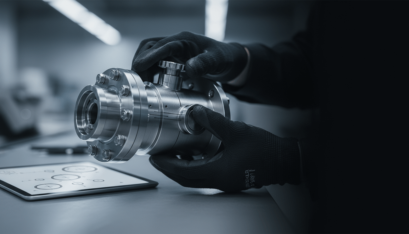 Hand hält Präzisionsbauteil aus Metall über technischer Zeichnung