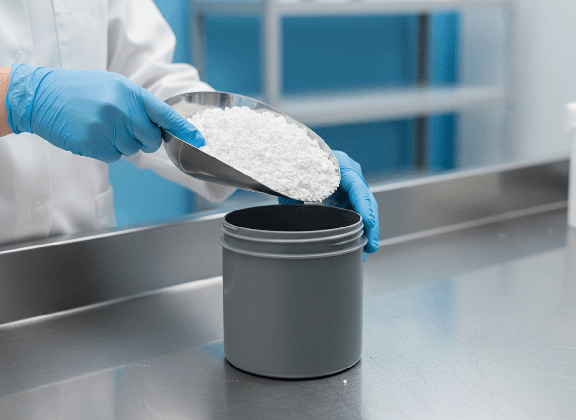 Laborant portioniert chemisches Pulver im Labor