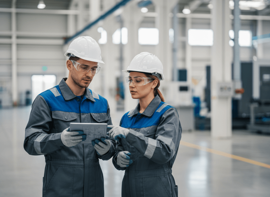 Zwei Fabrikarbeiter mit Schutzhelmen und Schutzbrillen prüfen Tablet in Produktionshalle