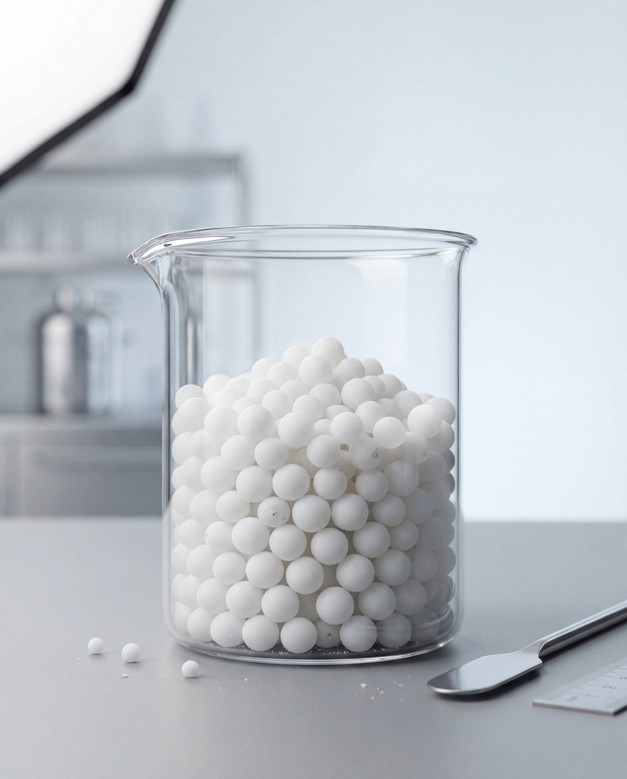 Becher mit weißen Kugeln in einer Laborumgebung auf einem grauen Tisch, leichte Unschärfe im Hintergrund, modernes Design.