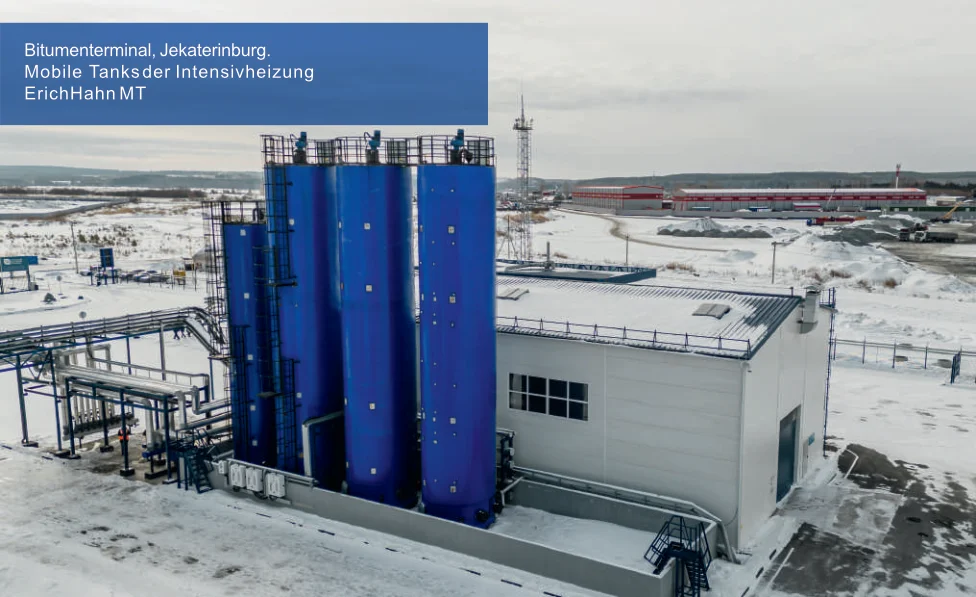 Miat Trading Bitumenterminal in Jekaterinburg mit blauen Tanks.
