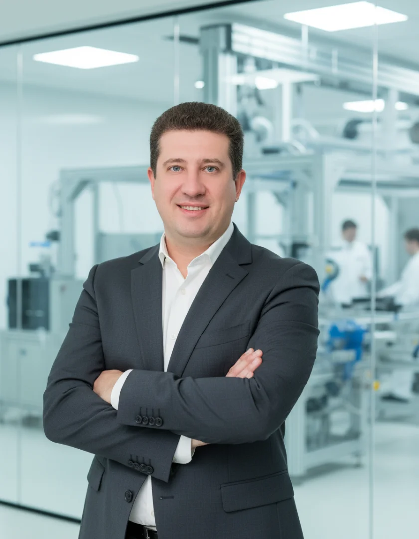 Geschäftsmann in moderner Fabrik, Miat Trading und Technologie